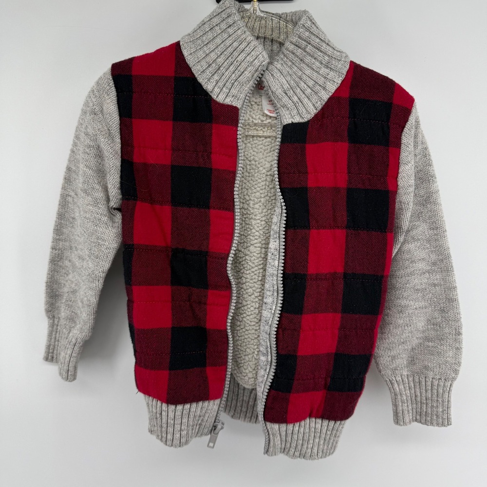 Cat‎ Jack Kids 3T Plaid Sherpa Lined Zip Up Jacket Boys Girls Red Black Gray